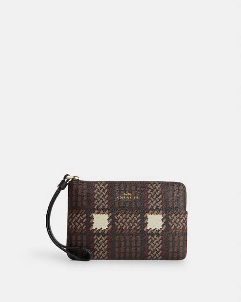 Coach - Corner Zip Wristlet With Brushed Plaid Print - GOLD/BROWN MULTI